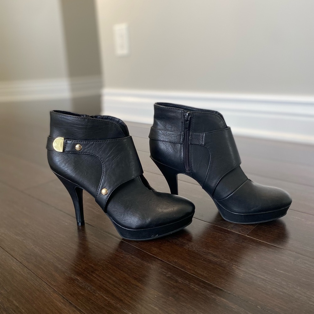 Unlisted Black Leather High Heel Ankle Booties with Gold Accents